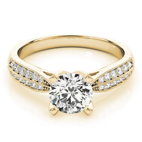 Yellow gold Round Solitaire Diamond Ring with Milgrain Pavé Band and Four-Prong Setting