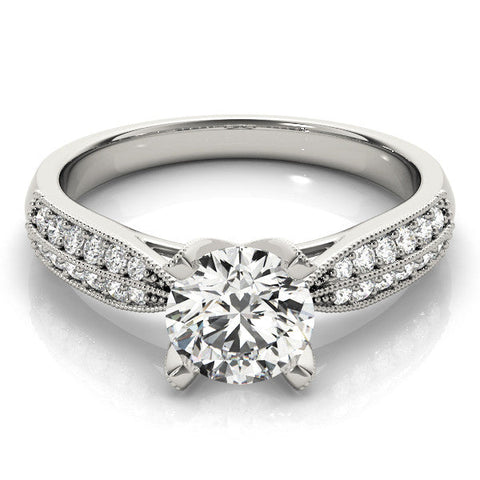 Platinum Round Solitaire Diamond Ring with Milgrain Pavé Band and Four-Prong Setting