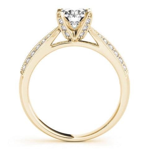 Yellow gold Round Solitaire Diamond Ring with Milgrain Pavé Band and Four-Prong Setting