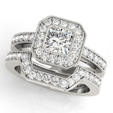 White gold Cushion-Cut Diamond Halo Engagement Ring with Pave Band and Prong Setting