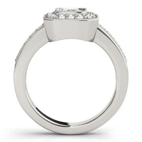 White gold Cushion-Cut Diamond Halo Engagement Ring with Pave Band and Prong Setting