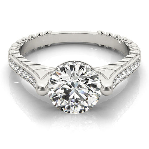 Platinum Round Solitaire Diamond Ring with Channel Set Band and Bezel Prong Setting