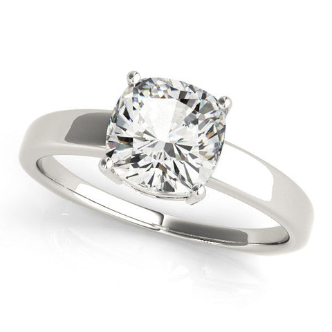 Platinum Cushion Cut Solitaire Engagement Ring with Four-Prong Setting and Classic Band