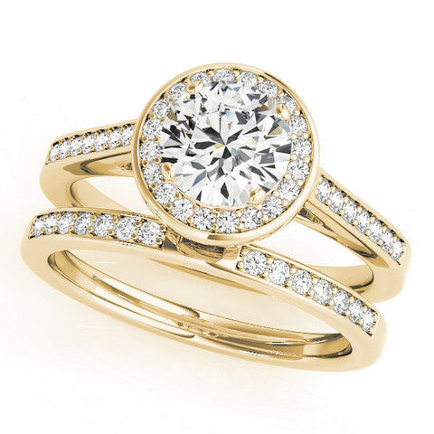 Yellow gold Round Halo Solitaire Diamond Ring with Pave Band and Bezel Setting
