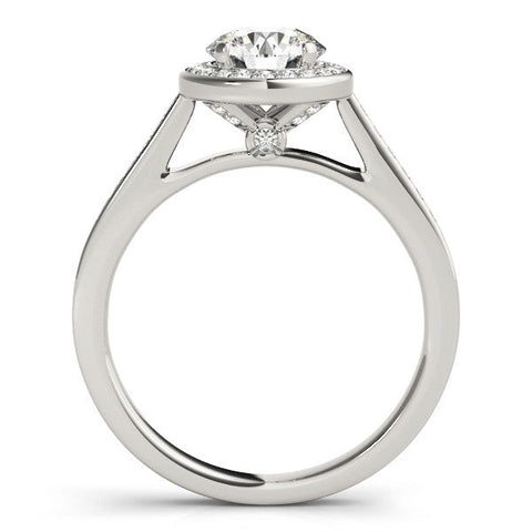 Platinum Round Halo Solitaire Diamond Ring with Pave Band and Bezel Setting
