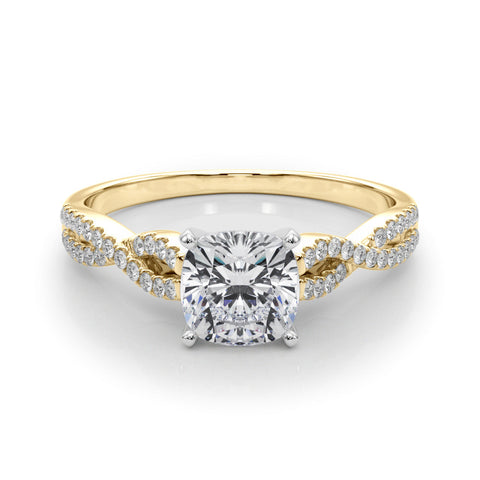Yellow gold Cushion Solitaire Twisted Pave Diamond Engagement Ring with Four-Prong Setting