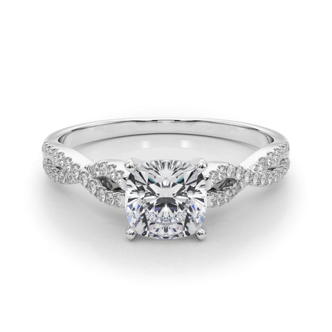 Silver Cushion Solitaire Twisted Pave Diamond Engagement Ring with Four-Prong Setting