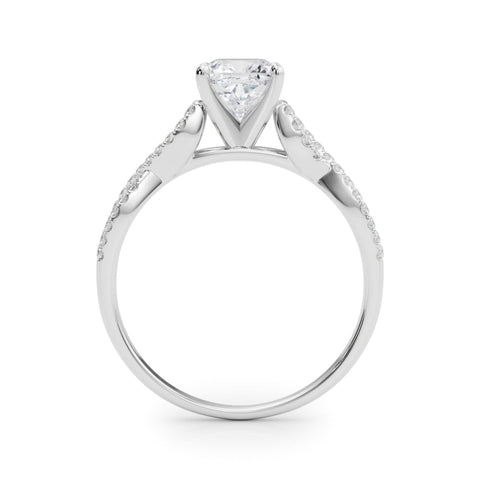 Silver Cushion Solitaire Twisted Pave Diamond Engagement Ring with Four-Prong Setting