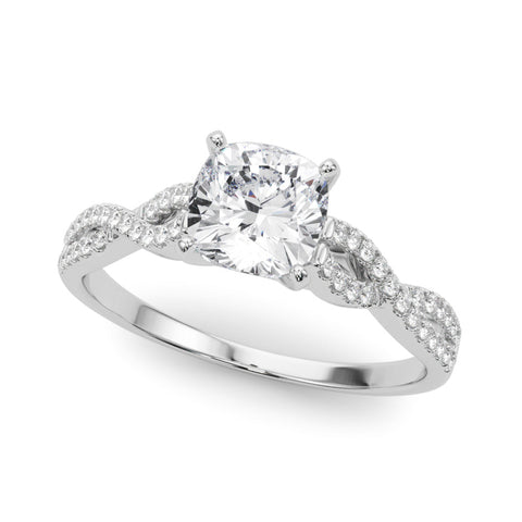 Silver Cushion Solitaire Twisted Pave Diamond Engagement Ring with Four-Prong Setting