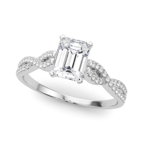Platinum Emerald Solitaire Twisted Pave Diamond Engagement Ring with Four-Prong Setting