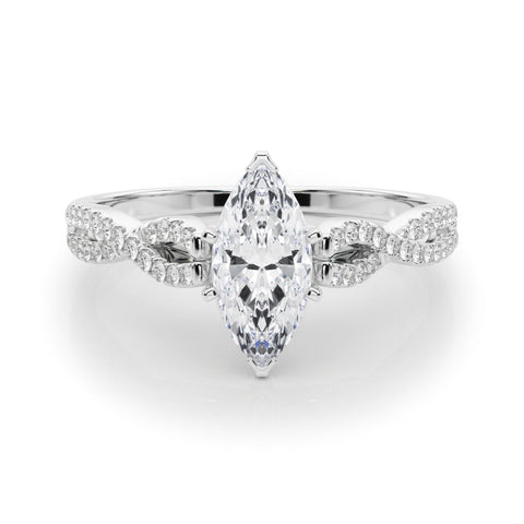 Silver Marquise Solitaire Twisted Pave Diamond Engagement Ring with Four-Prong Setting