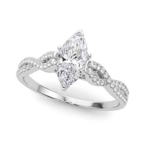 Silver Marquise Solitaire Twisted Pave Diamond Engagement Ring with Four-Prong Setting