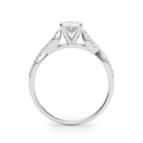 Silver Oval Solitaire Twisted Pave Diamond Engagement Ring with Four-Prong Setting