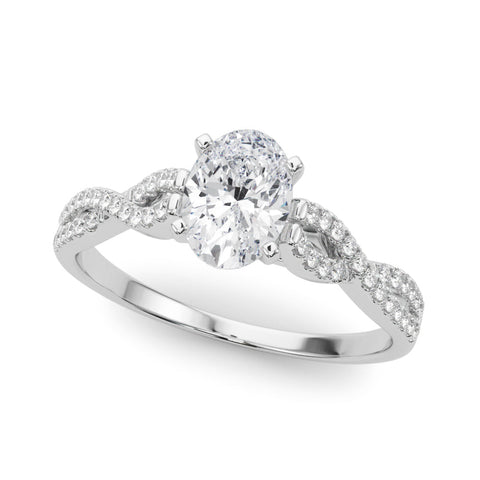Silver Oval Solitaire Twisted Pave Diamond Engagement Ring with Four-Prong Setting