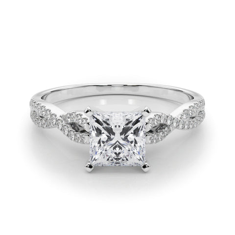 Silver Princess Solitaire Twisted Pave Diamond Engagement Ring with Four-Prong Setting