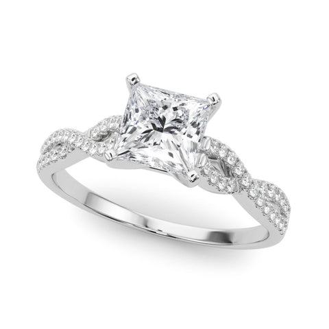 Silver Princess Solitaire Twisted Pave Diamond Engagement Ring with Four-Prong Setting
