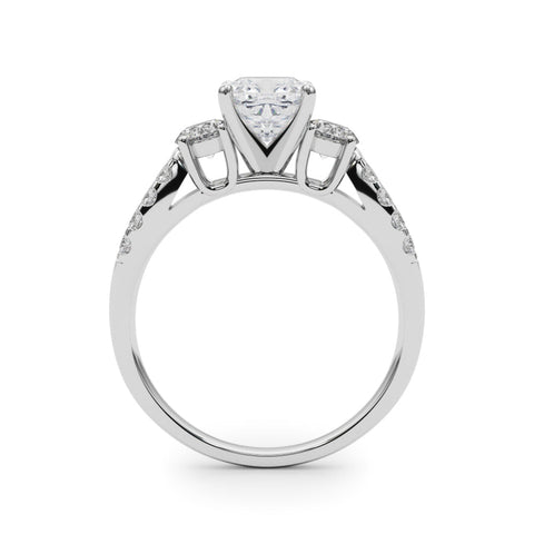 Silver Cushion Three-Stone Diamond Ring with Pavé Split Shank and Four-Prong Setting