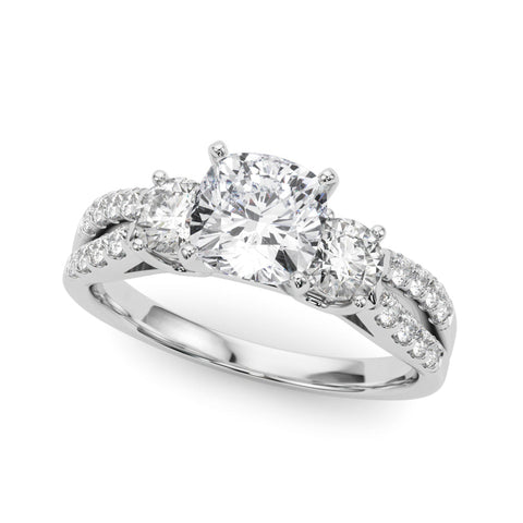 Silver Cushion Three-Stone Diamond Ring with Pavé Split Shank and Four-Prong Setting