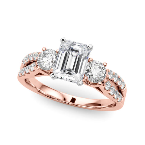 Rose gold Radiant Three-Stone Diamond Ring with Pavé Split Shank and Four-Prong Setting