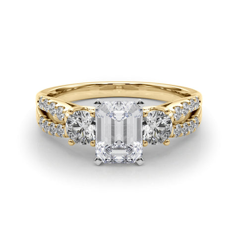 Yellow gold Radiant Three-Stone Diamond Ring with Pavé Split Shank and Four-Prong Setting