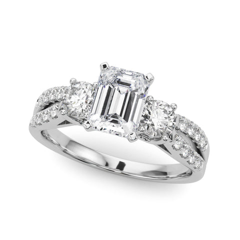 White gold Radiant Three-Stone Diamond Ring with Pavé Split Shank and Four-Prong Setting
