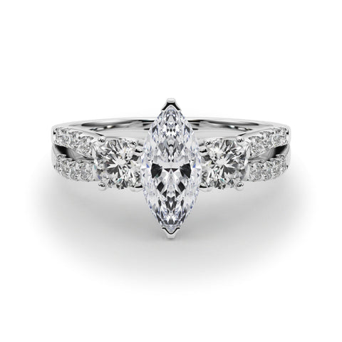 White gold Marquise Three-Stone Diamond Ring with Pavé Split Shank and Four-Prong Setting