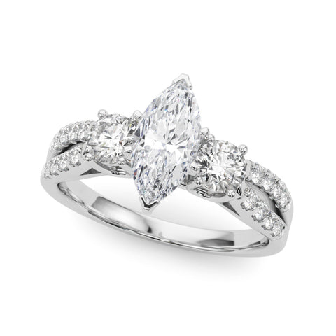White gold Marquise Three-Stone Diamond Ring with Pavé Split Shank and Four-Prong Setting