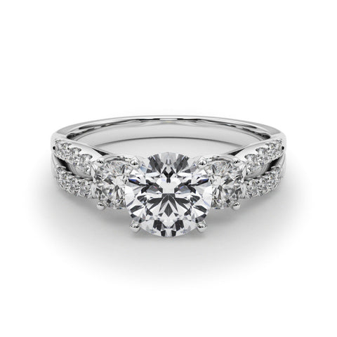 Silver Round Three-Stone Diamond Ring with Pavé Split Shank and Four-Prong Setting