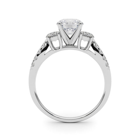 Silver Round Three-Stone Diamond Ring with Pavé Split Shank and Four-Prong Setting