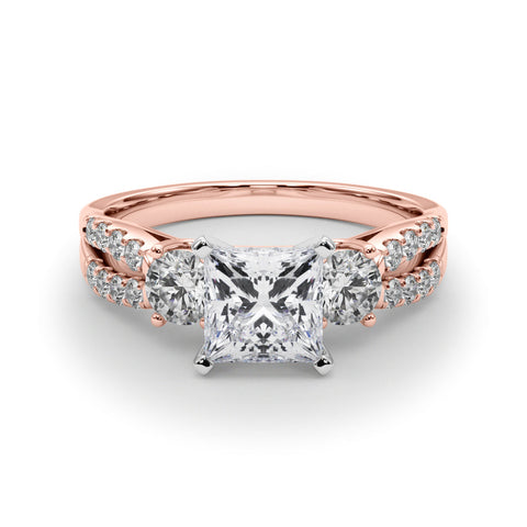 Rose gold Princess Three-Stone Diamond Ring with Pavé Split Shank and Four-Prong Setting
