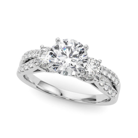 Silver Round Three-Stone Diamond Ring with Pavé Split Shank and Four-Prong Setting