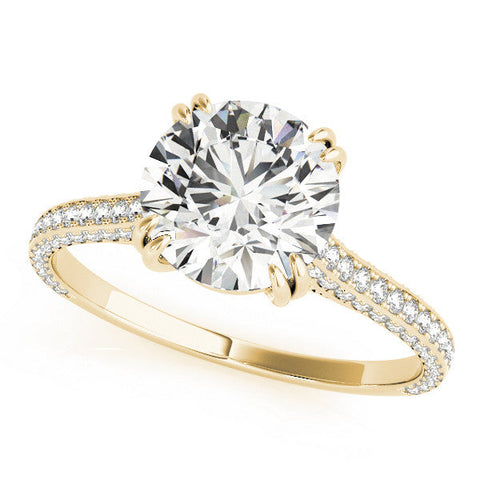 Yellow gold Round Diamond Solitaire with Pave Band and Six-Prong Setting