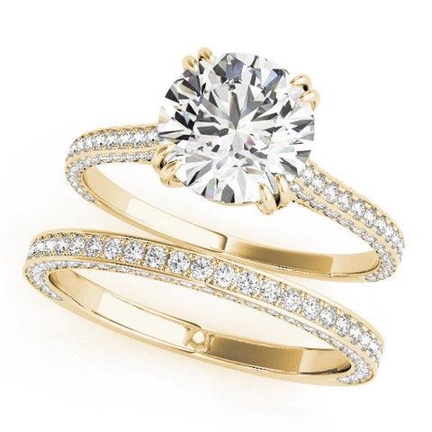 Yellow gold Round Diamond Solitaire with Pave Band and Six-Prong Setting