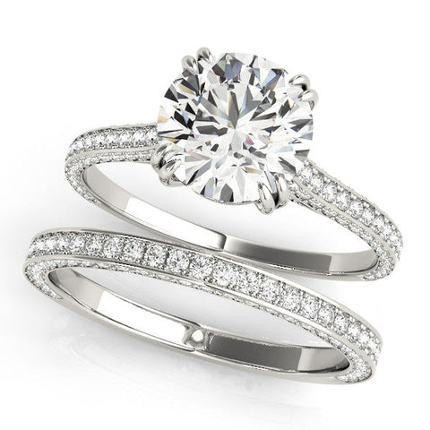 White gold Round Diamond Solitaire with Pave Band and Six-Prong Setting
