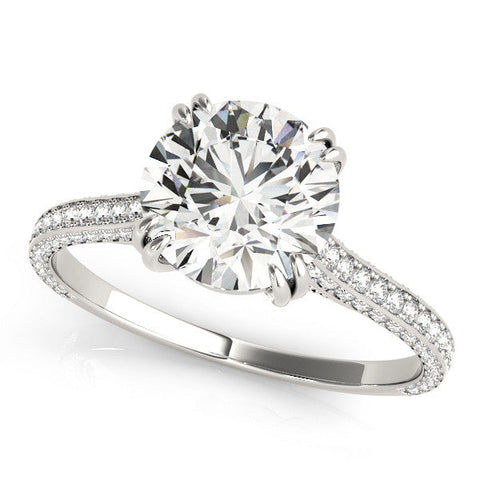 White gold Round Diamond Solitaire with Pave Band and Six-Prong Setting