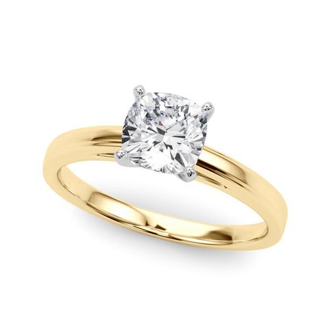 Yellow gold Cushion Solitaire Diamond Ring with Four-Prong Setting and Classic Band