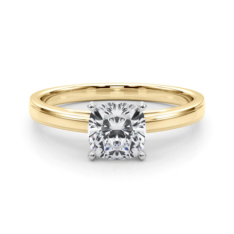 Yellow gold Cushion Solitaire Diamond Ring with Four-Prong Setting and Classic Band