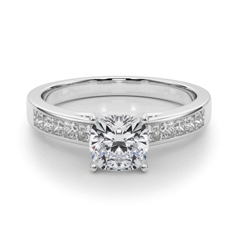 Platinum Cushion Solitaire Diamond Ring with Channel-Set Band and Four-Prong Setting