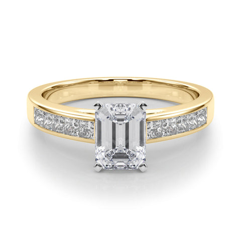 Yellow gold Emerald Solitaire Diamond Ring with Channel-Set Band and Four-Prong Setting