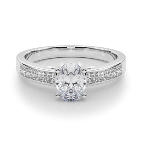 Platinum Oval Solitaire Diamond Ring with Channel-Set Band and Four-Prong Setting