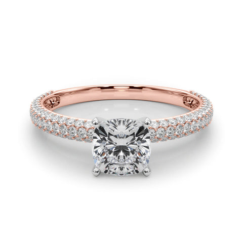 Rose gold Cushion Solitaire with Pave Band and Four-Prong Setting