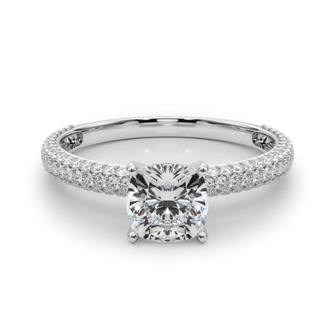 Platinum Cushion Solitaire with Pave Band and Four-Prong Setting