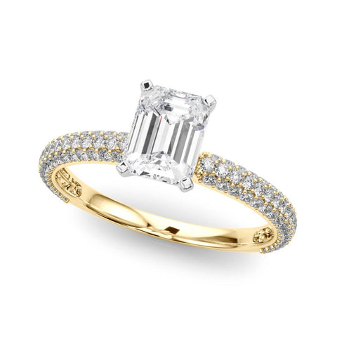 Yellow gold Emerald Solitaire with Pave Band and Four-Prong Setting