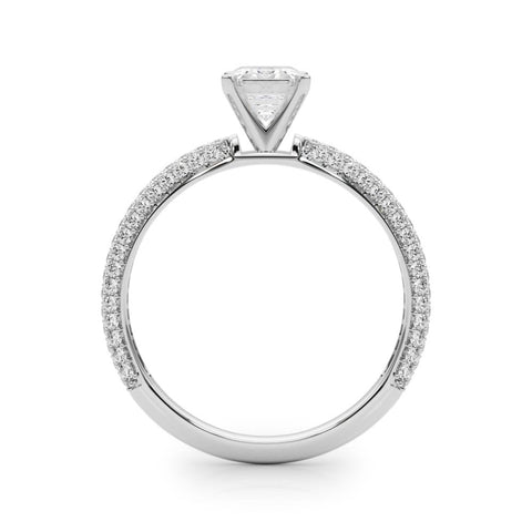 Silver Emerald Solitaire with Pave Band and Four-Prong Setting