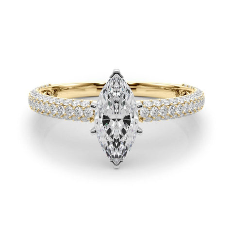 Yellow gold Marquise Solitaire with Pave Band and Four-Prong Setting