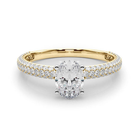 Yellow gold Oval Solitaire with Pave Band and Four-Prong Setting