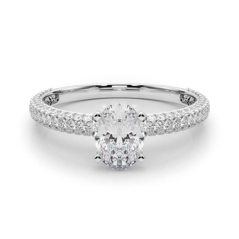 White gold Oval Solitaire with Pave Band and Four-Prong Setting