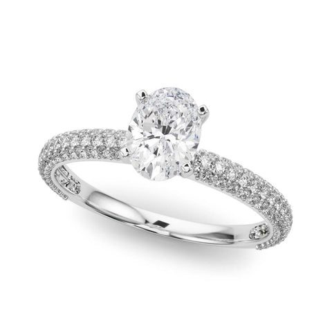 Platinum Oval Solitaire with Pave Band and Four-Prong Setting
