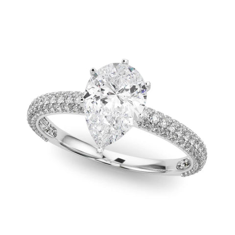 Platinum Pear Solitaire with Pave Band and Four-Prong Setting
