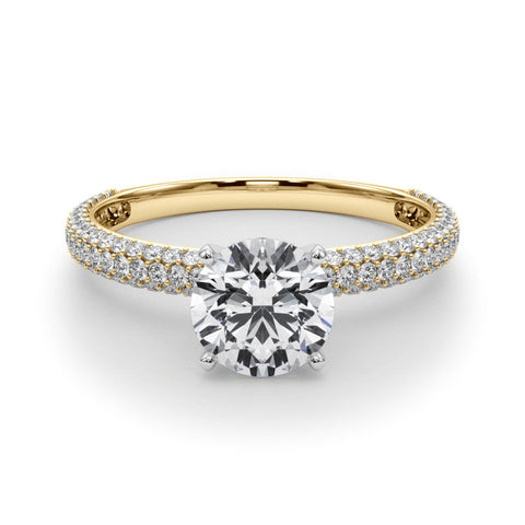 Yellow gold Round Solitaire with Pave Band and Four-Prong Setting